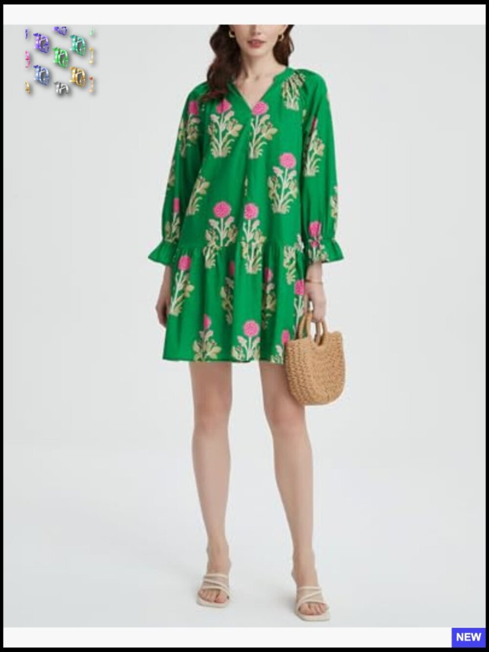 Boho Floral Mini Dress V Neck Puff Sleeve Tiered Ruffle Beach Vacation - Picture 6 of 7